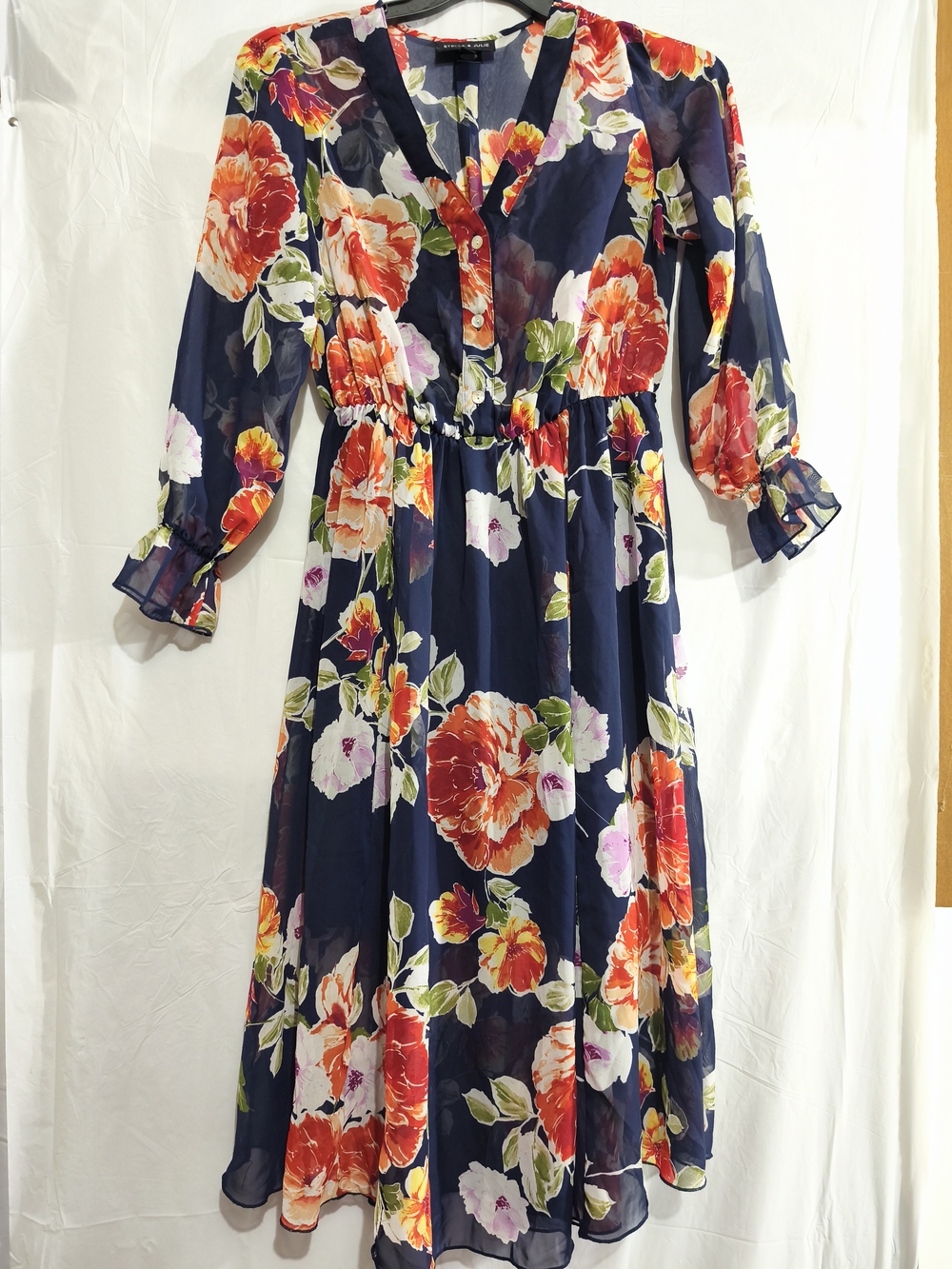 Navy Floral Midi Dress with V-Neck and Elastic Waist E1(12